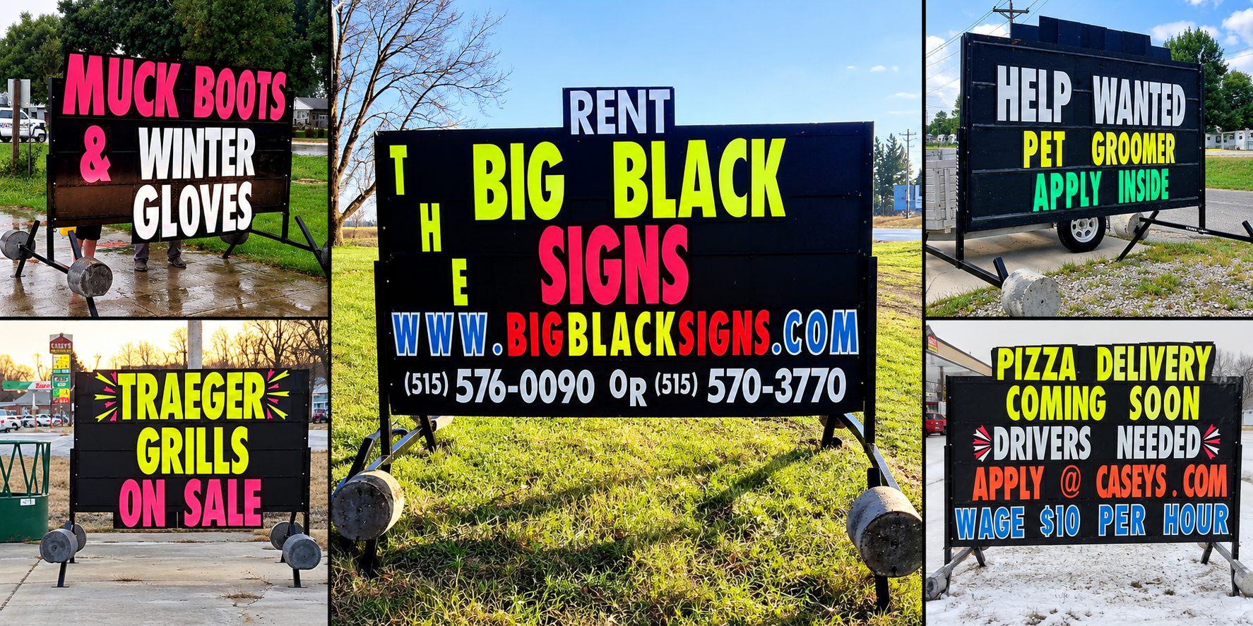 Collection of real Big Black Signs campaigns for hiring, sales, services, and events